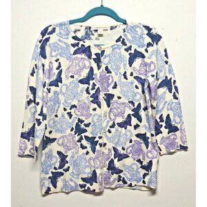 COLDWATER CREEK Cardigan Sweater XS white blue TEAPOTS BUTTERFLIES Novelty print